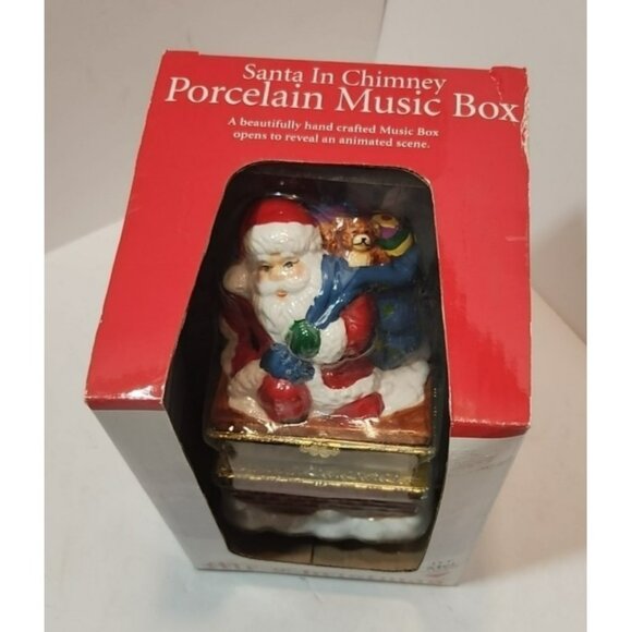 Mr Christmas “Santa In Chimney” Porcelain Music Box 2002 New In Box - Picture 2 of 10